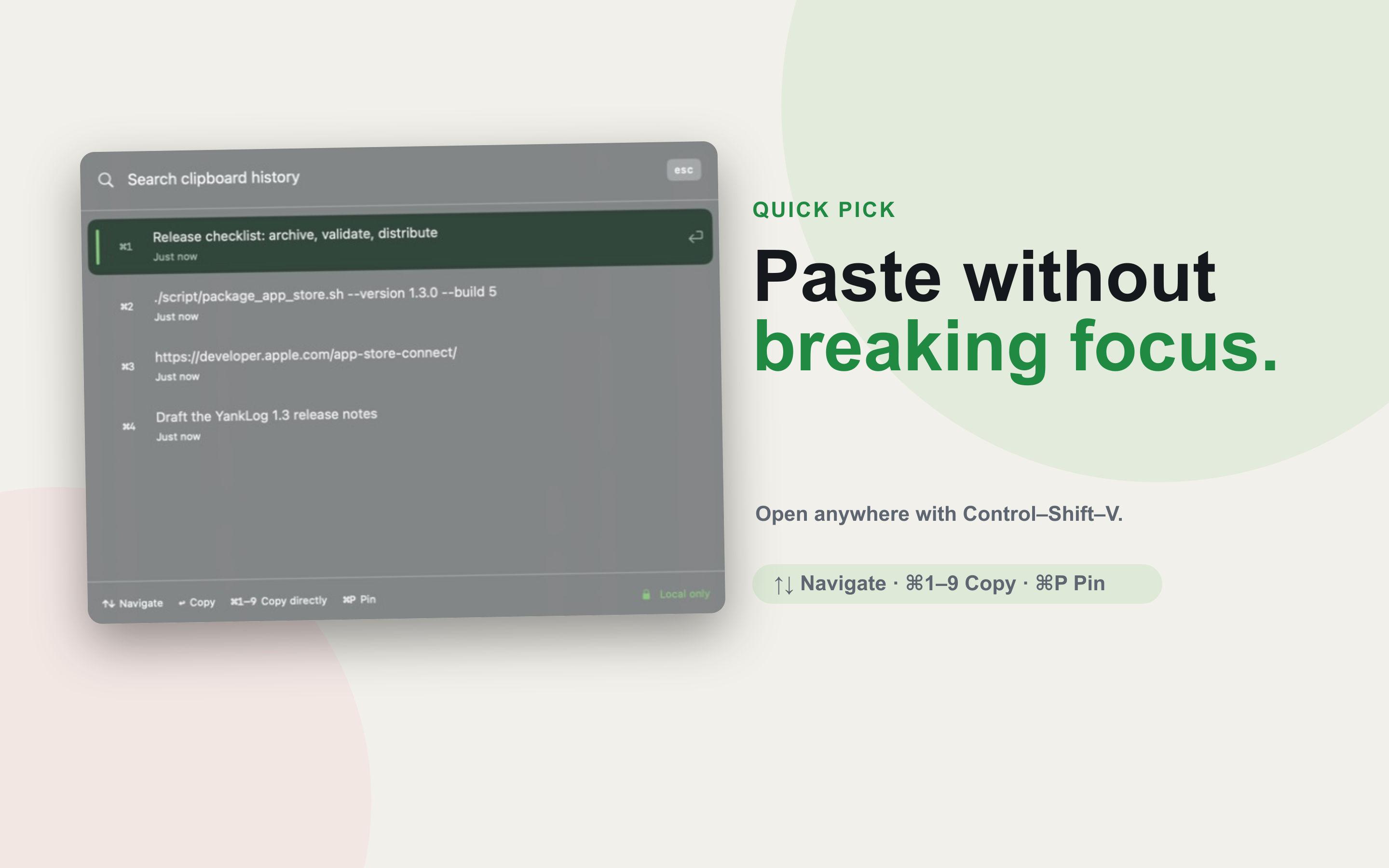 YankLog Quick Pick with keyboard shortcuts and selected clipboard result.