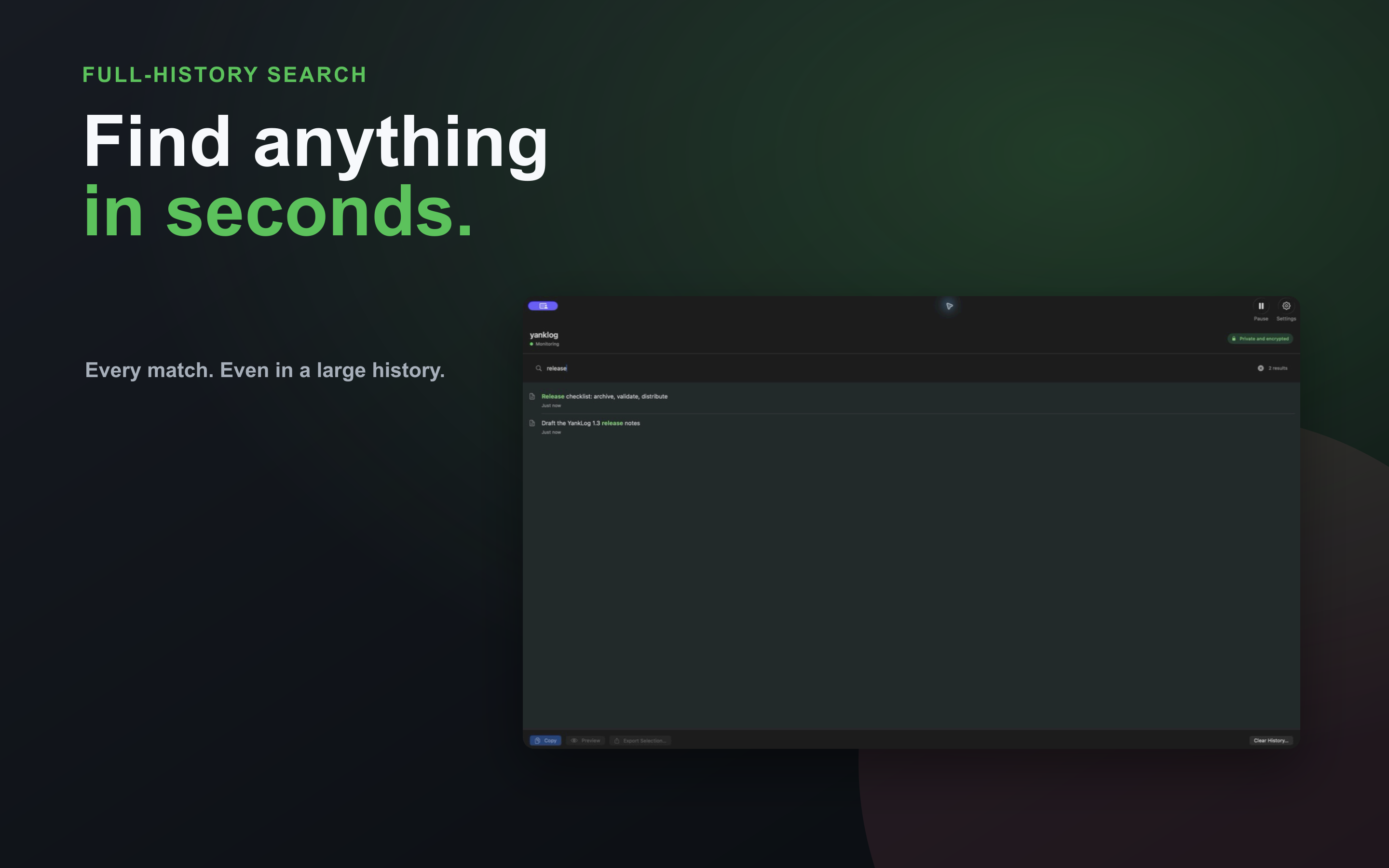 YankLog complete-history search showing matching clipboard entries.
