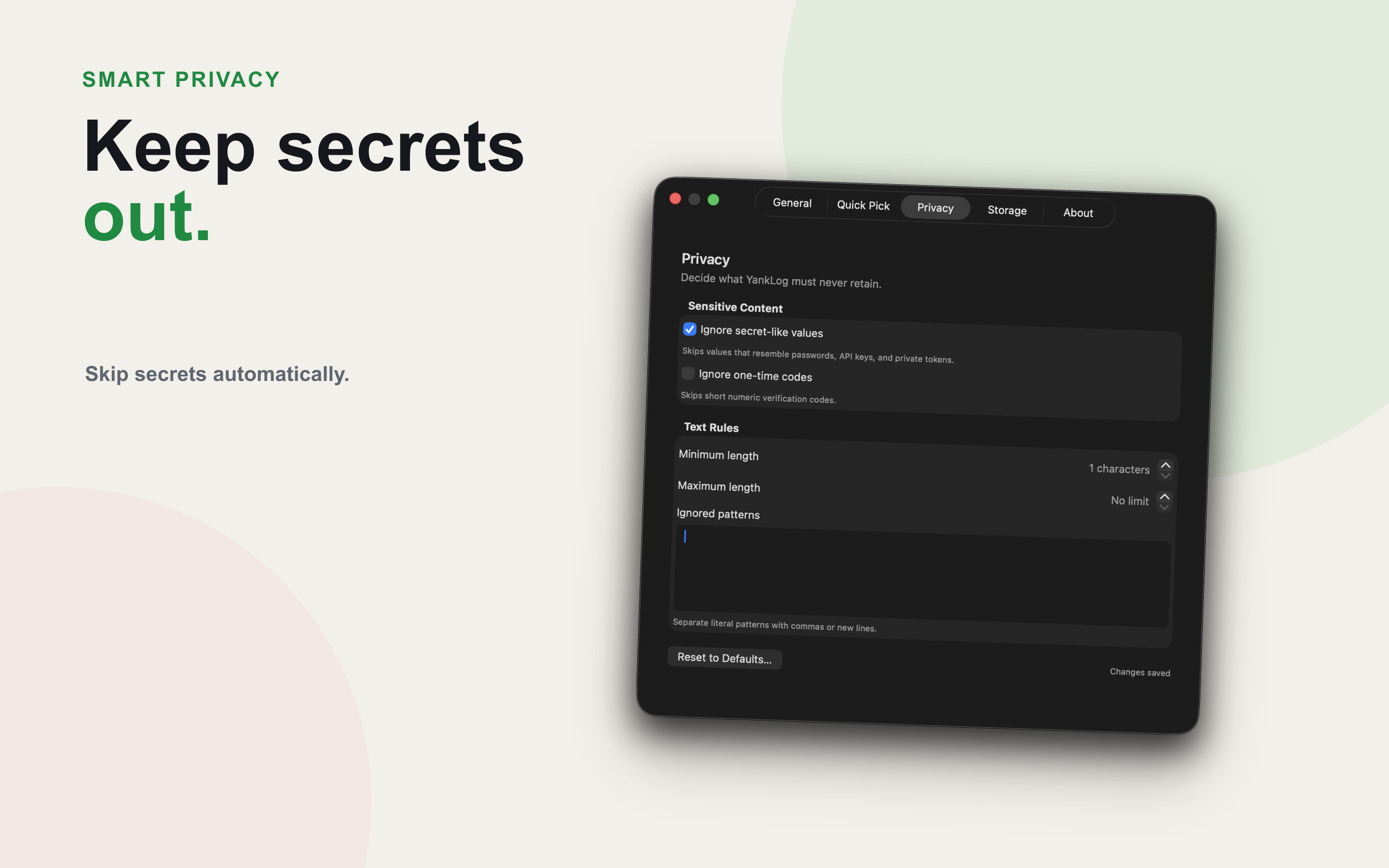 YankLog privacy settings with secret detection and OTP filtering.