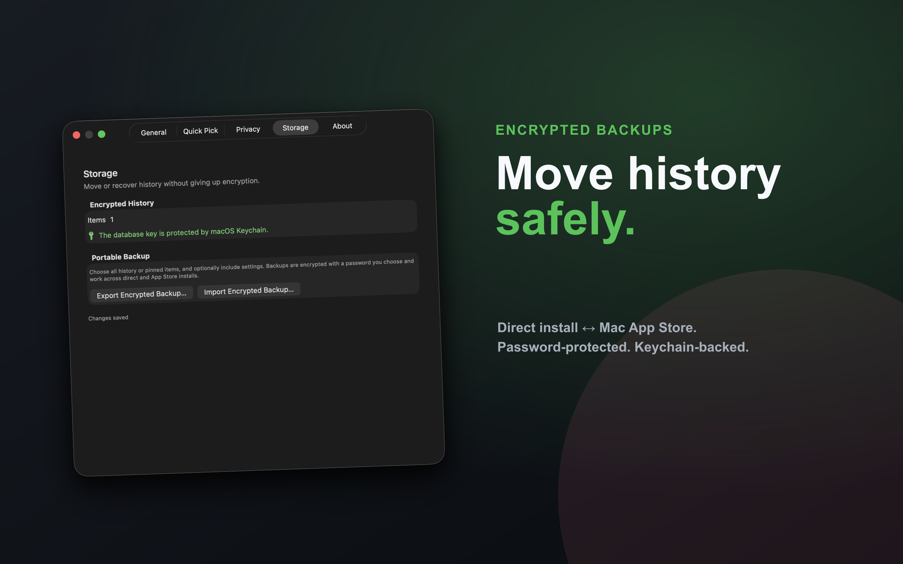 YankLog storage settings for encrypted backups and restoration.