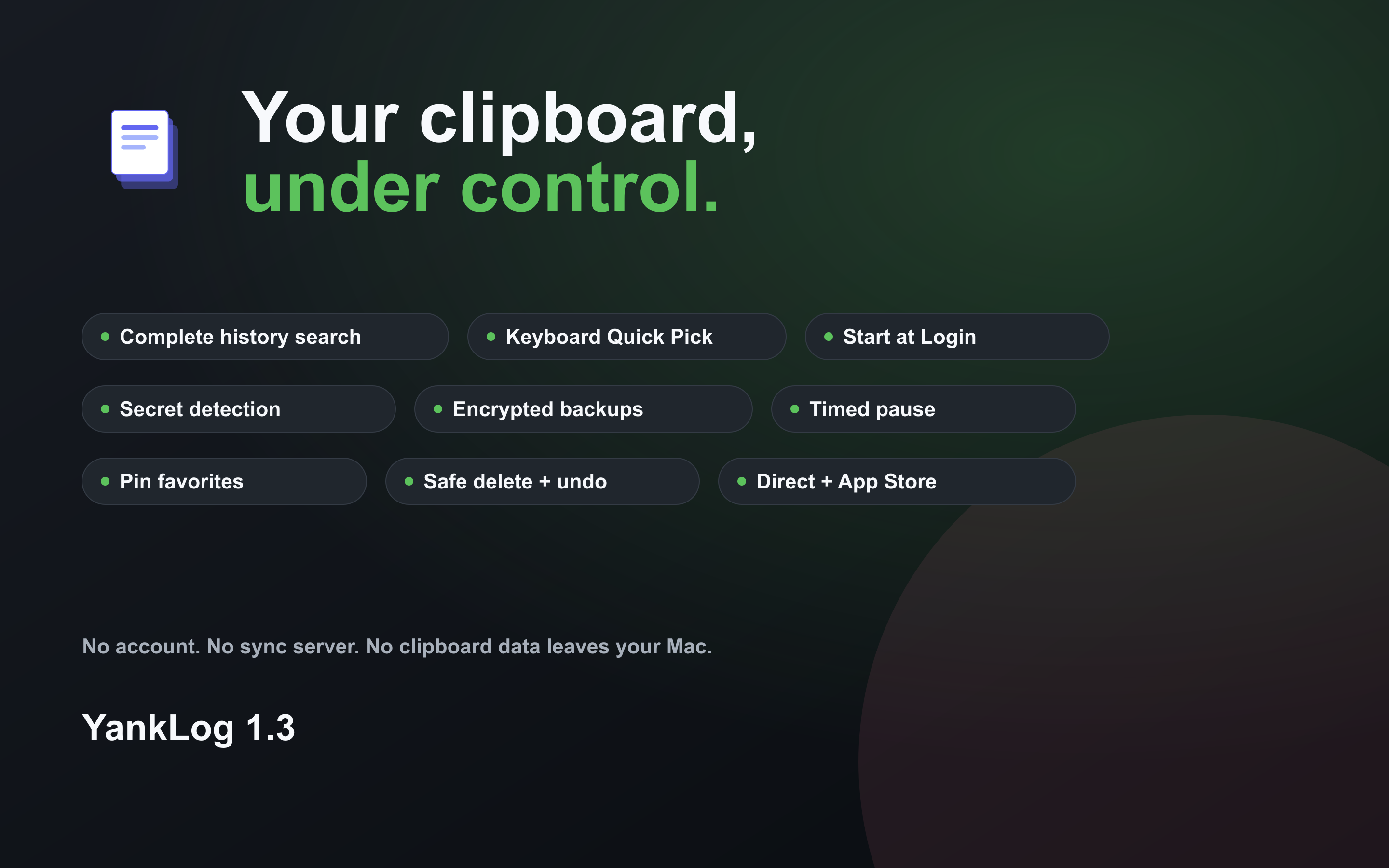 Overview of YankLog 1.3 search, startup, backup, pause, and undo features.